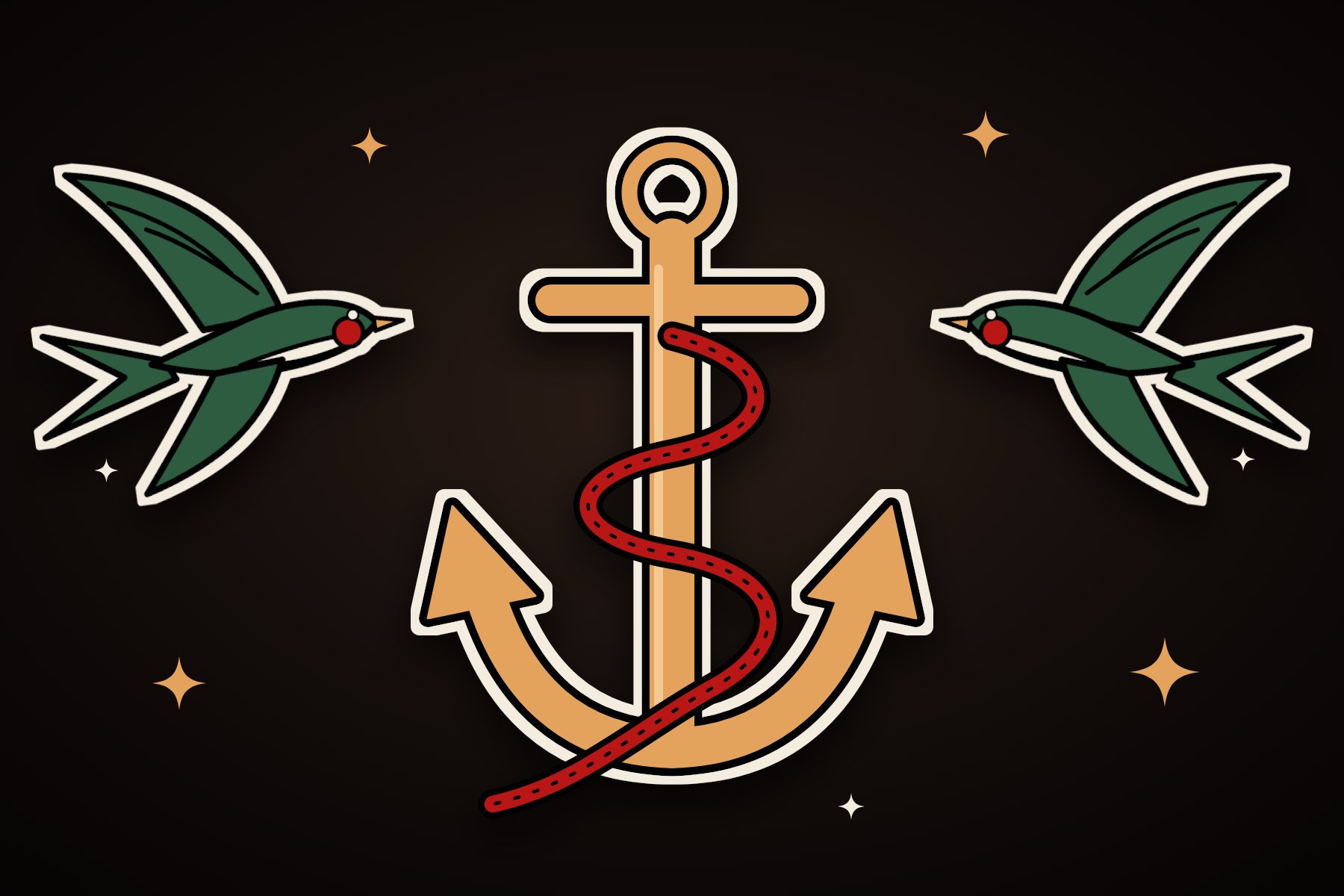 Traditional flash: anchor with rope and two swallows