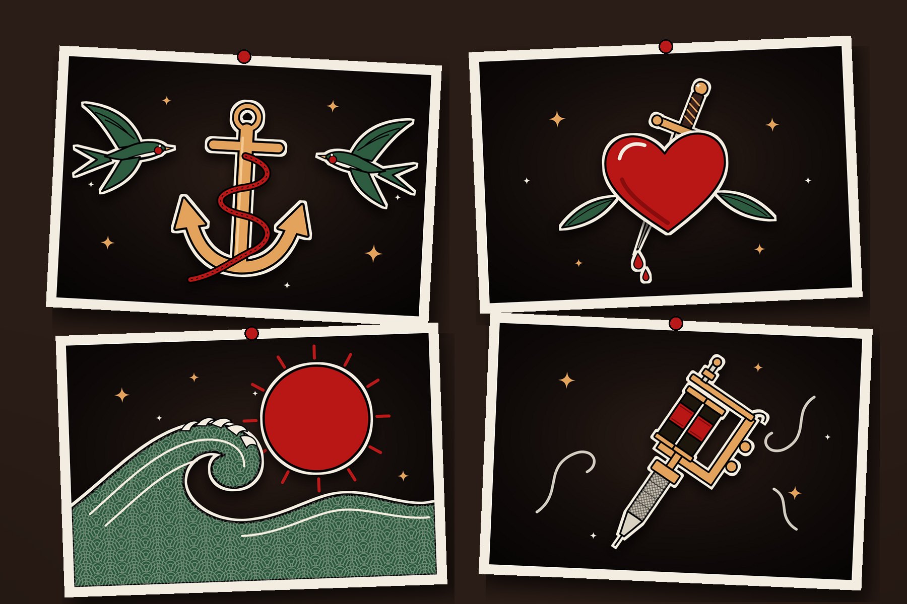 Four pieces of tattoo flash pinned to a wall