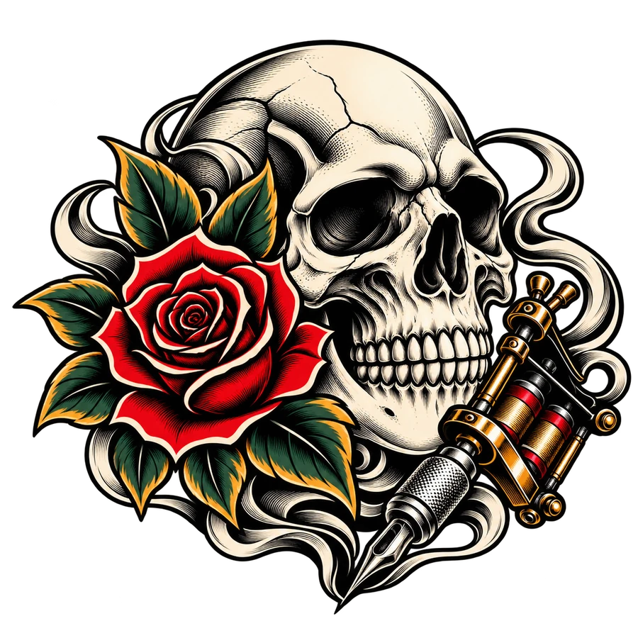 Skull, rose and tattoo machine illustration